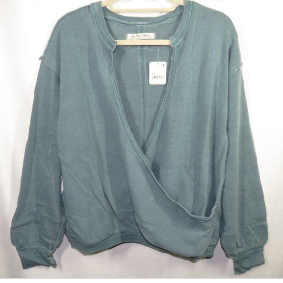 Free People Deep Teal Cotton blend Drapey Long Sleeve Wrap Front Sweater Size M - Picture 3 of 10